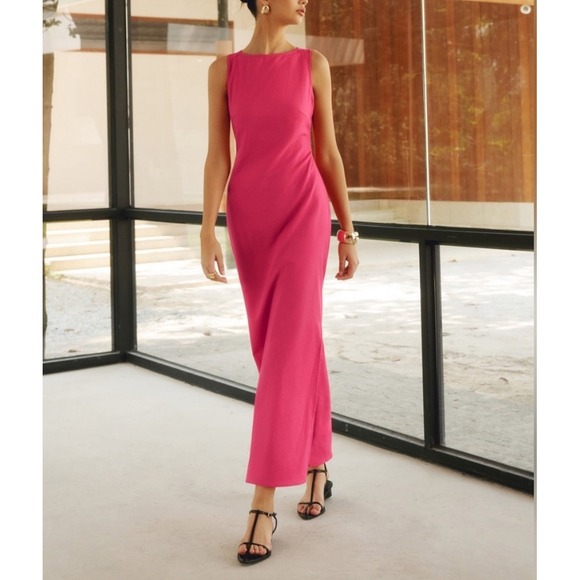 Elegant Pink Maxi Dress Criss Cross Backless Sleeveless Party Dress Small - Picture 2 of 5